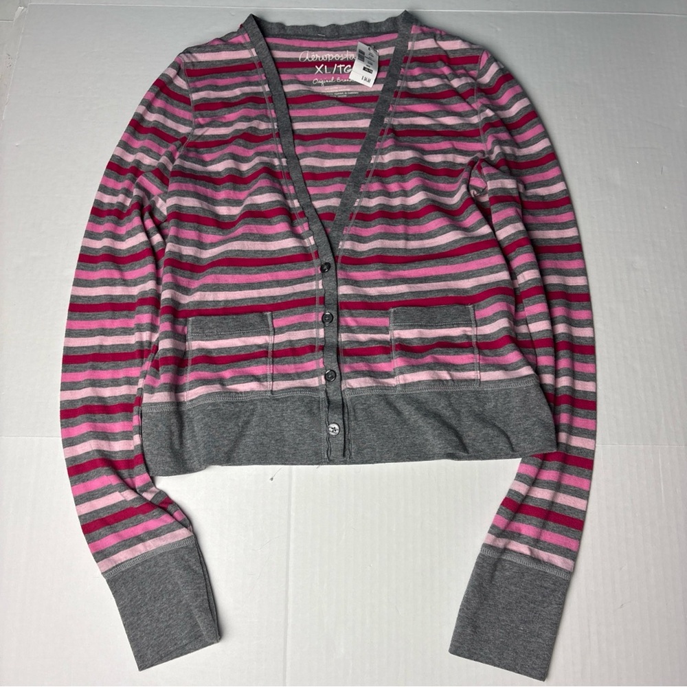 Aeropostale Women’s XL Shirt Pink Gray White Stripes V-Neck Button Cardigan New
